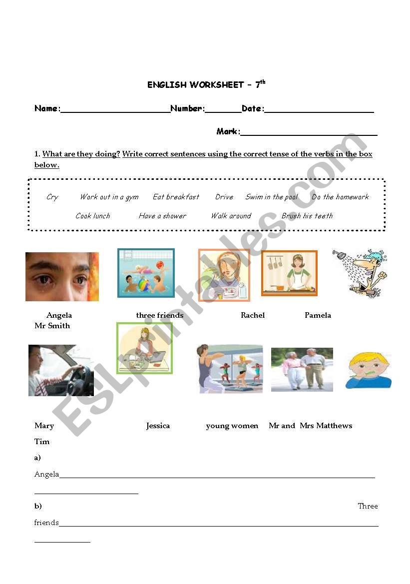 worksheet on present simple vs continuous, possessive case and of