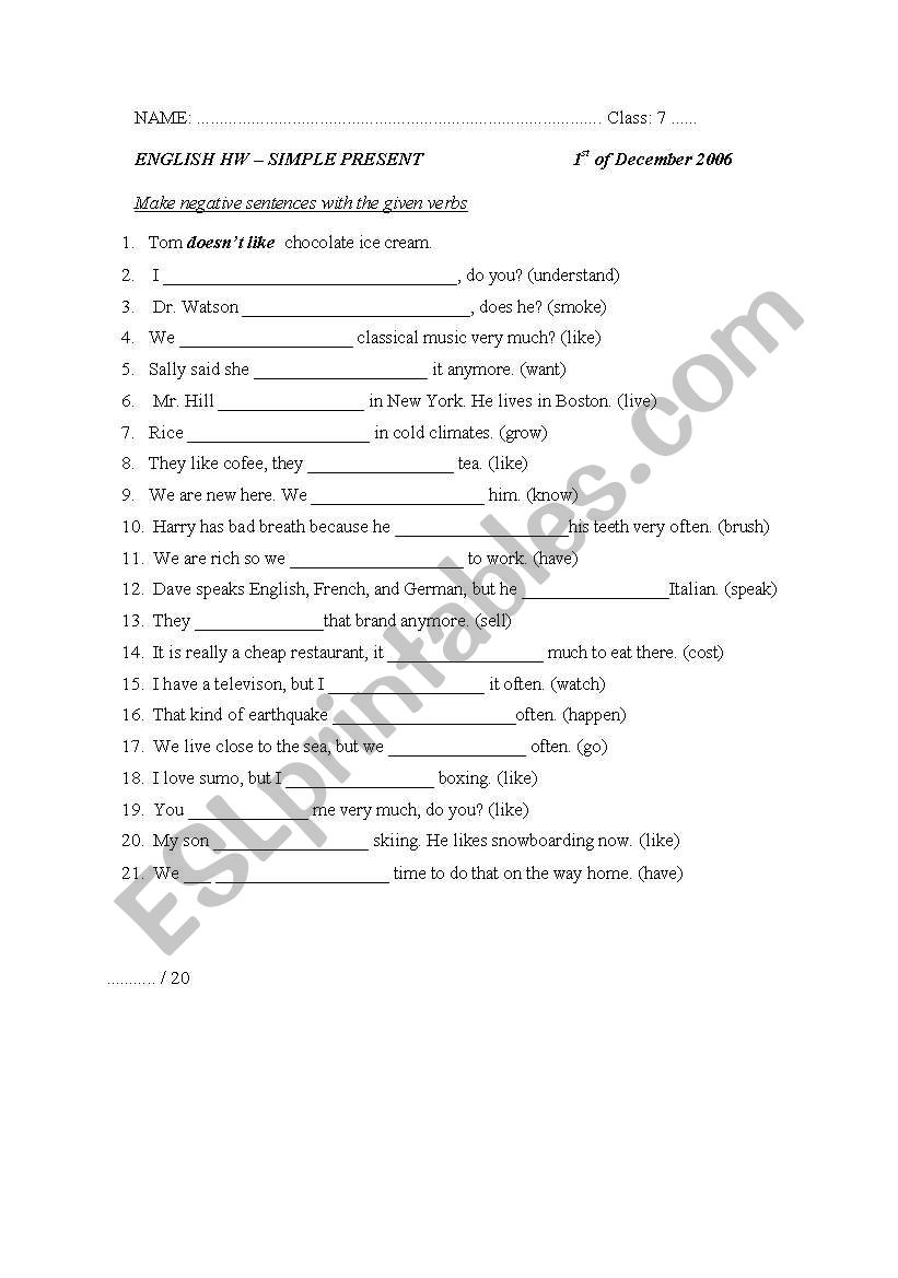 Simple Present Negatives worksheet