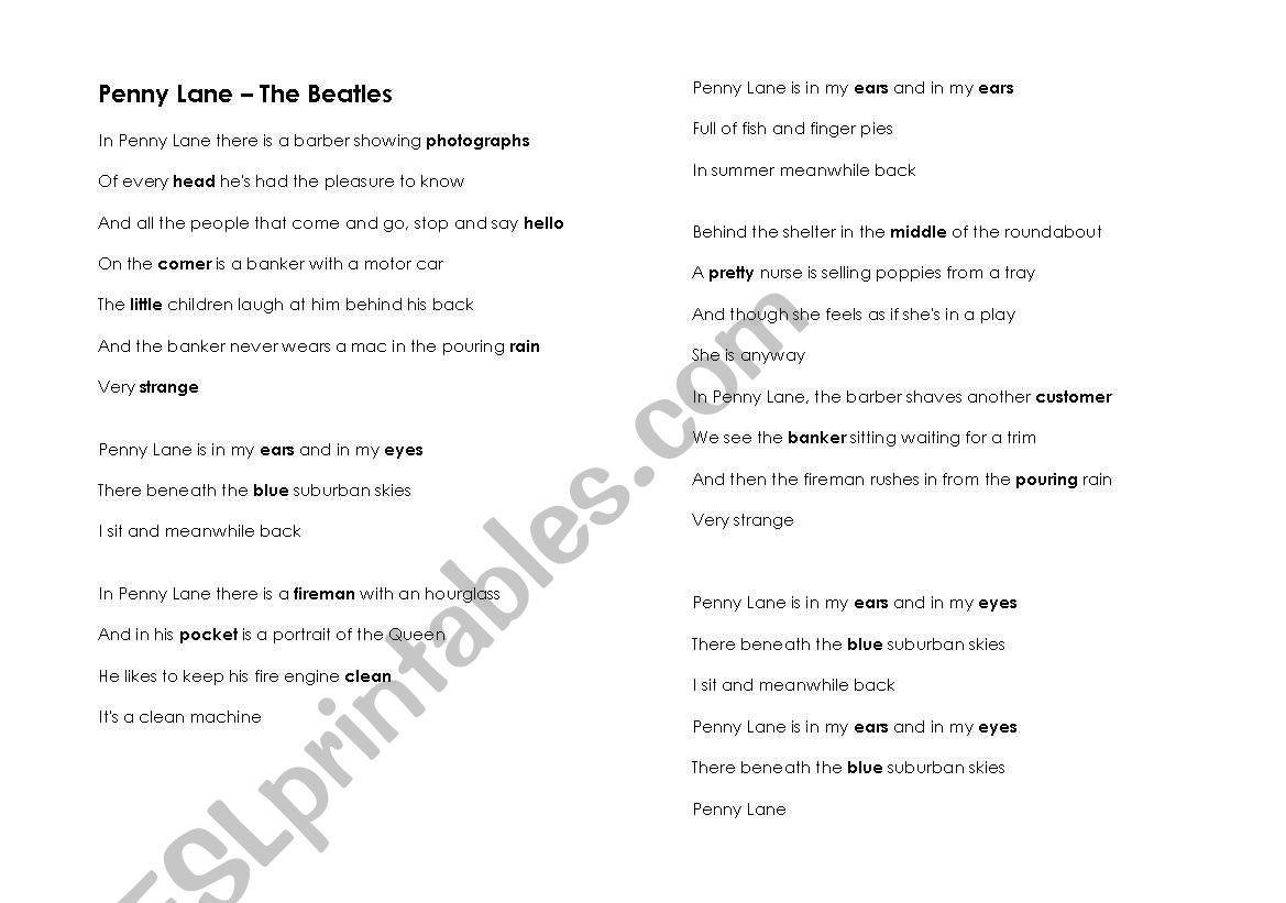 Song Lyrics : Penny Lane - The Beatles