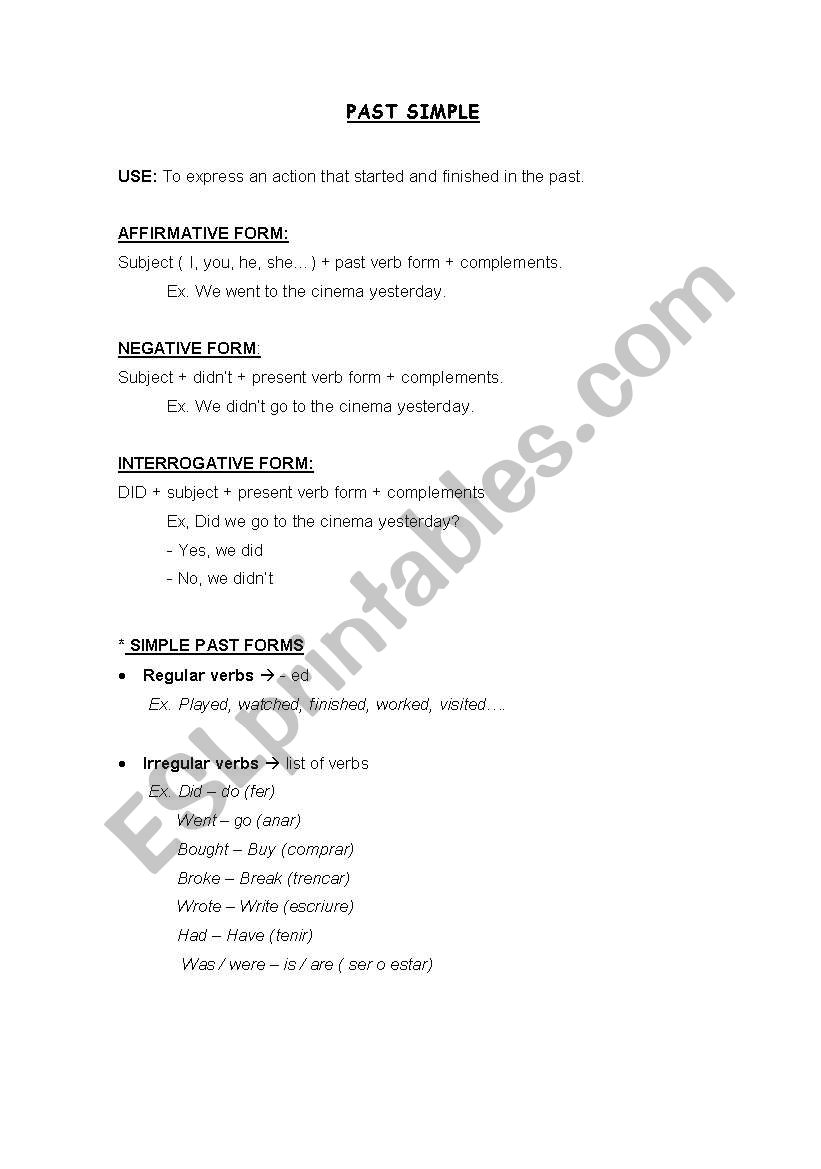 past simple notes worksheet