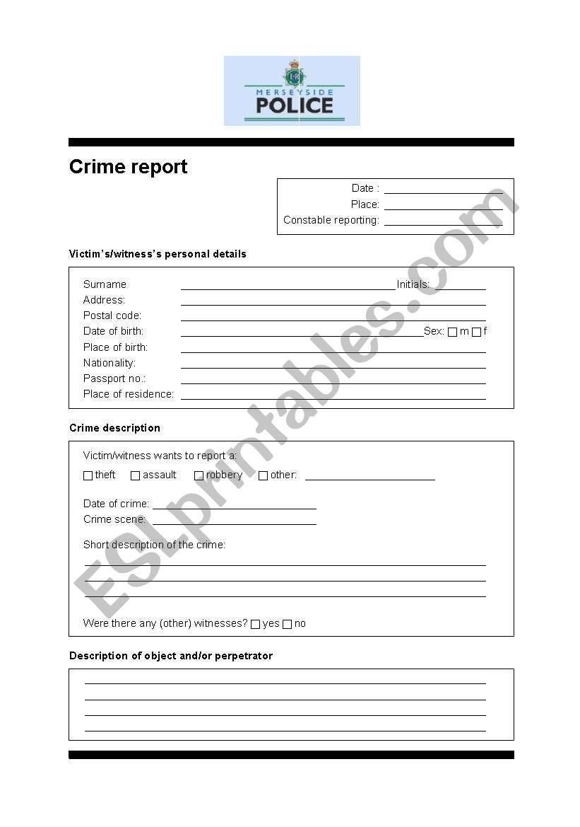 worksheet to report stolen goods