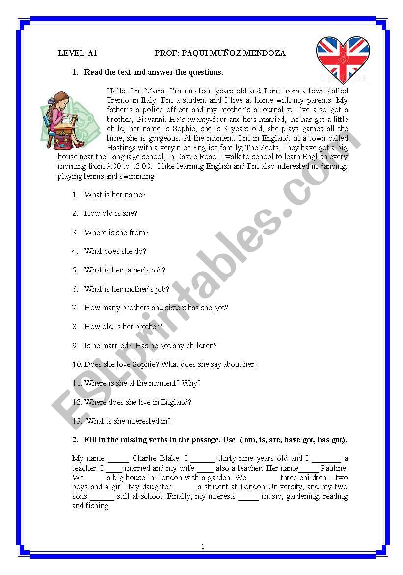 TALKING ABOUT YOURSELF. REVIEW OF PRESENT TENSE. BE AND HAVE GOT. TWO PAGES.