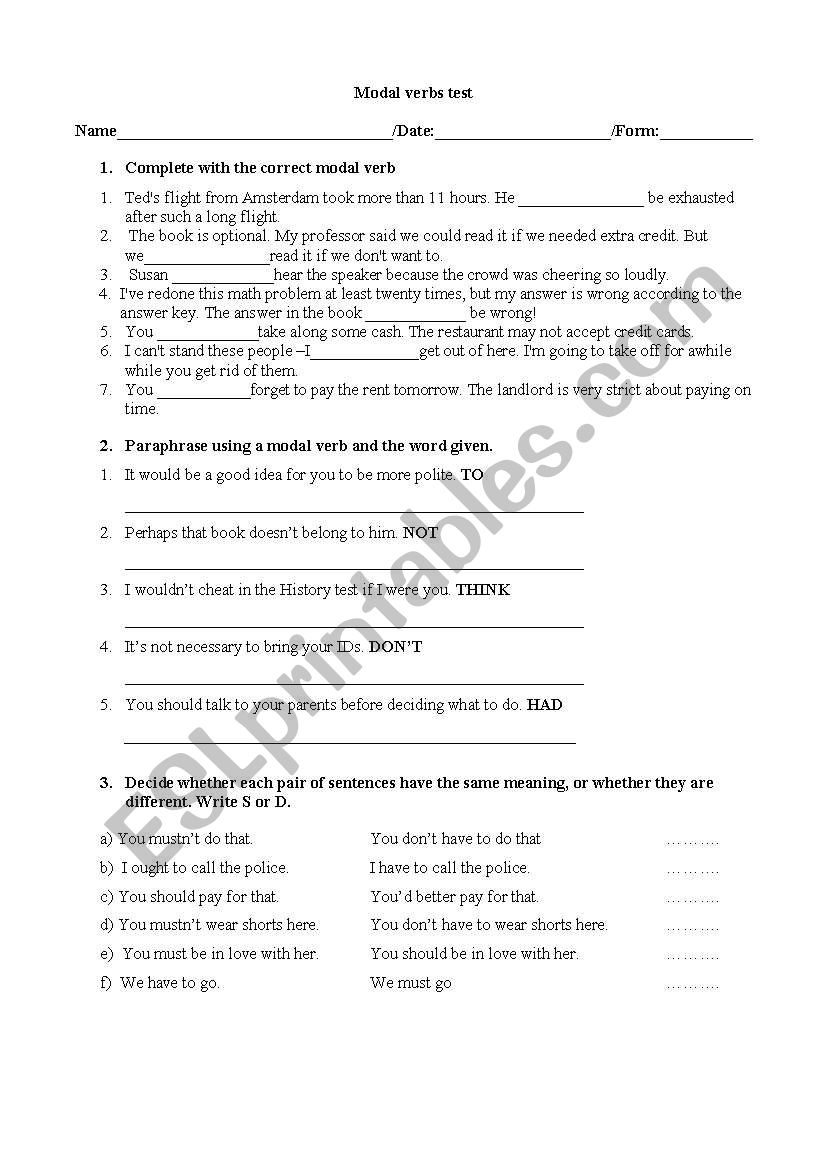 Modal verbs worksheet