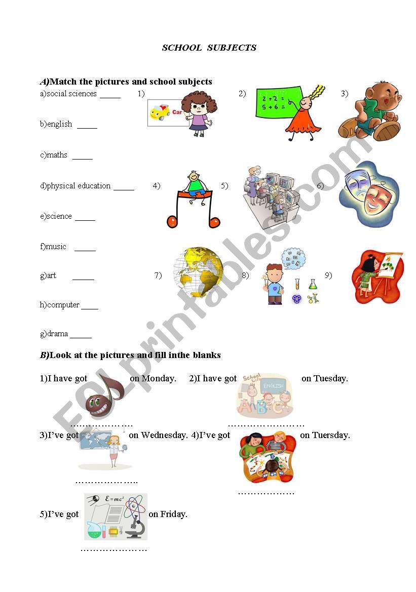 school subjects worksheet