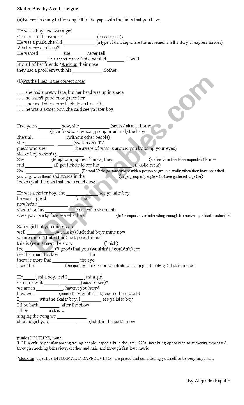 Skater boy song worksheet