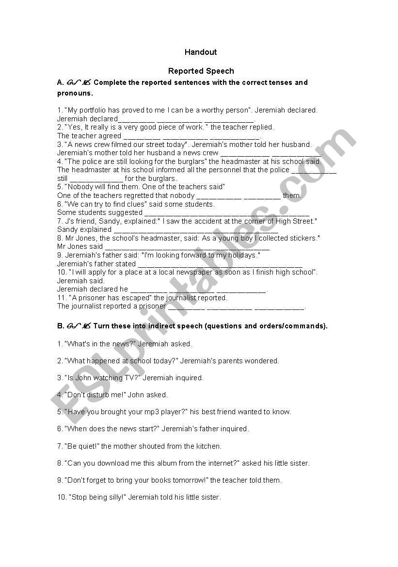 Reported Speech exercises worksheet