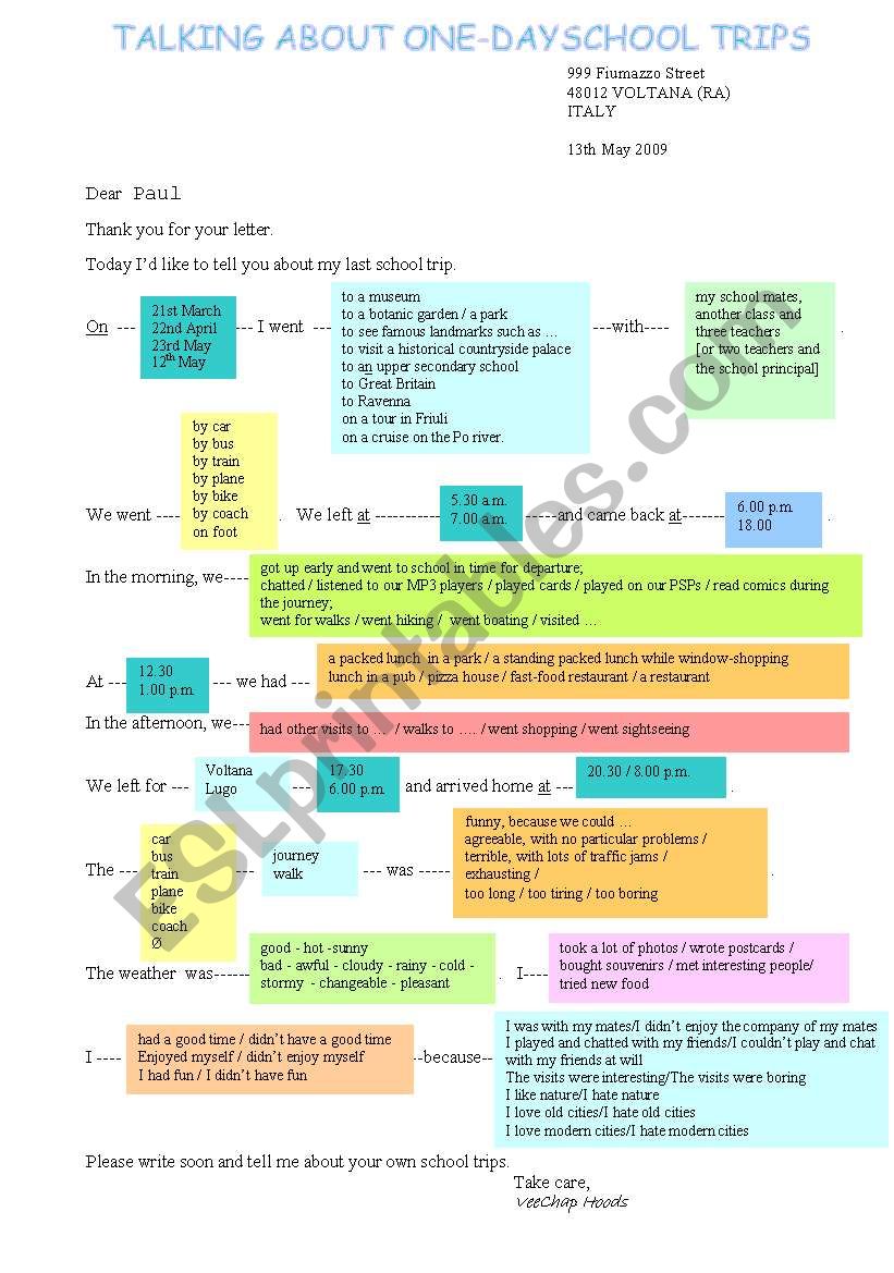 ONE DAY SCHOOL TRIPS worksheet