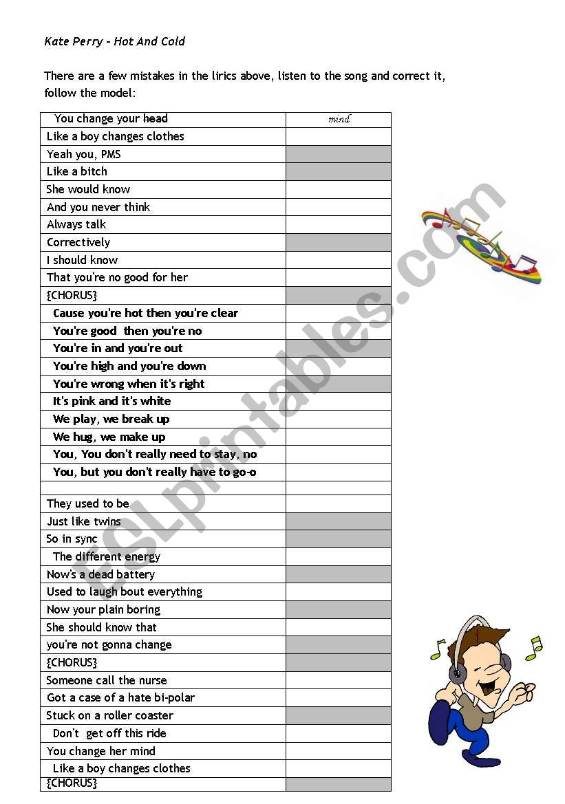 Hot nÂ´ Cold - Kate Perry worksheet