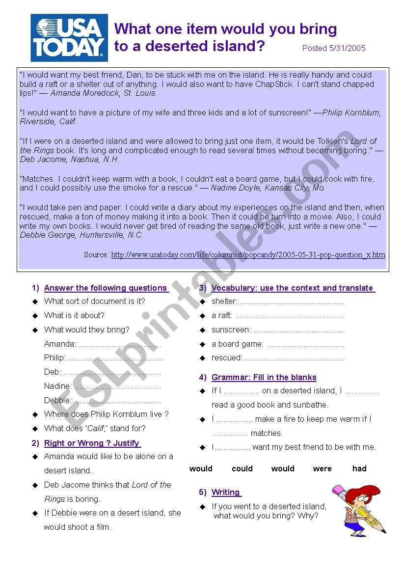 reading: ON A DESERTED ISLAND worksheet