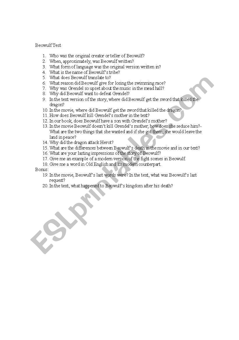 Beowulf Movie Test worksheet