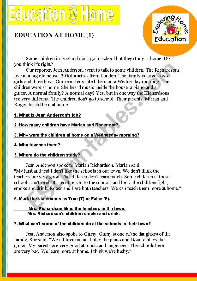 EDUCATION @ HOME ( 1 ) :) READING PASSAGE WITH EXERCISES....AN INTERESTING SUBJECT TO DISCUSS ON WITH YOUR STUDENTS. + ANSWER KEY INCLUDED :) 