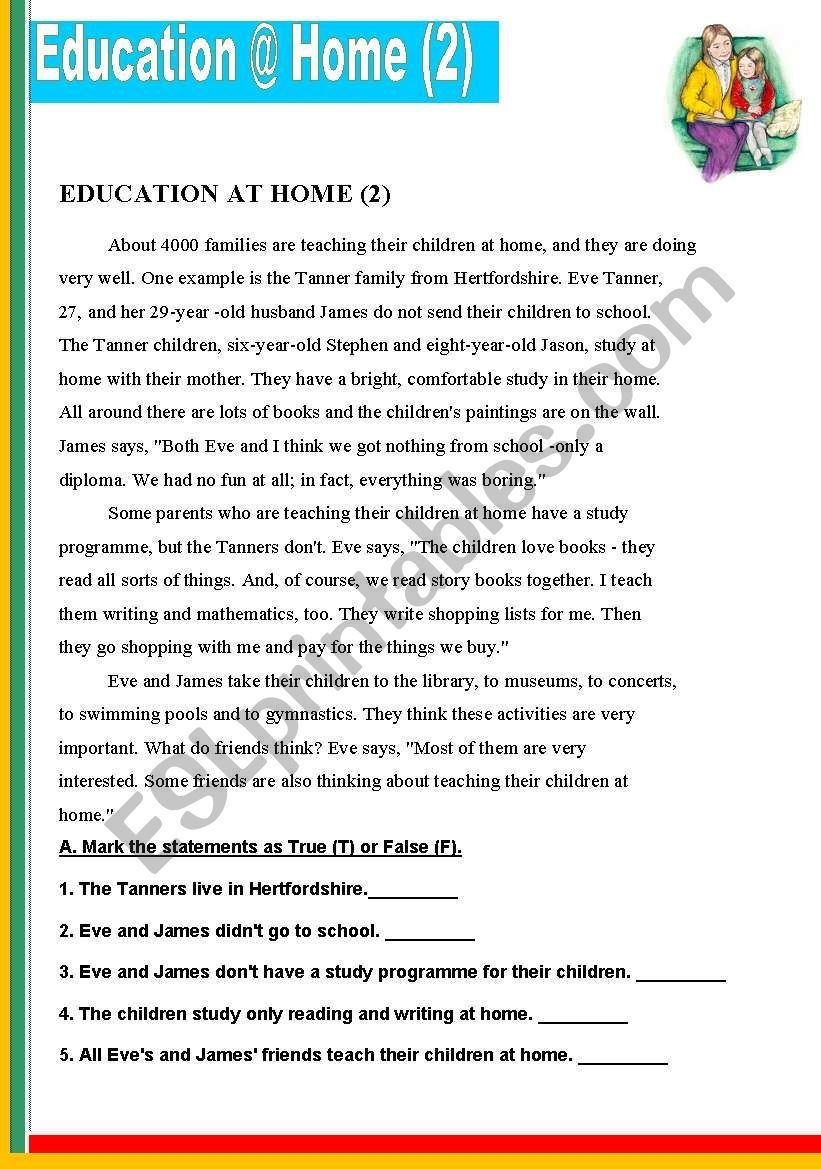 EDUCATION @ HOME ( 2 ) :) READING PASSAGE WITH EXERCISES....AN INTERESTING SUBJECT TO DISCUSS ON WITH YOUR STUDENTS. + ANSWER KEY INCLUDED :)