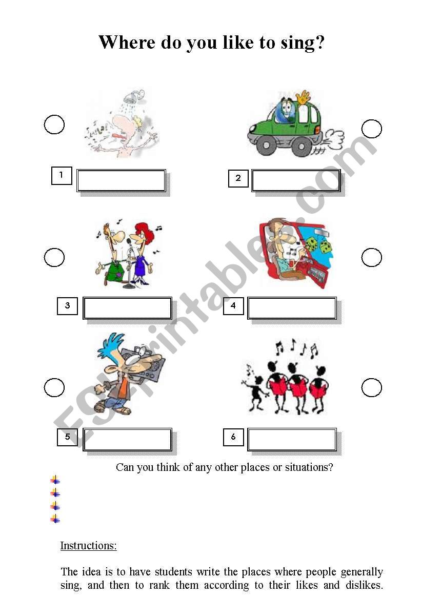 Where do you like to sing? worksheet