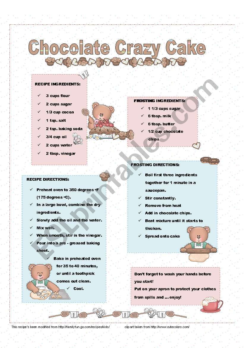 Chocolate crazy cake recipe worksheet