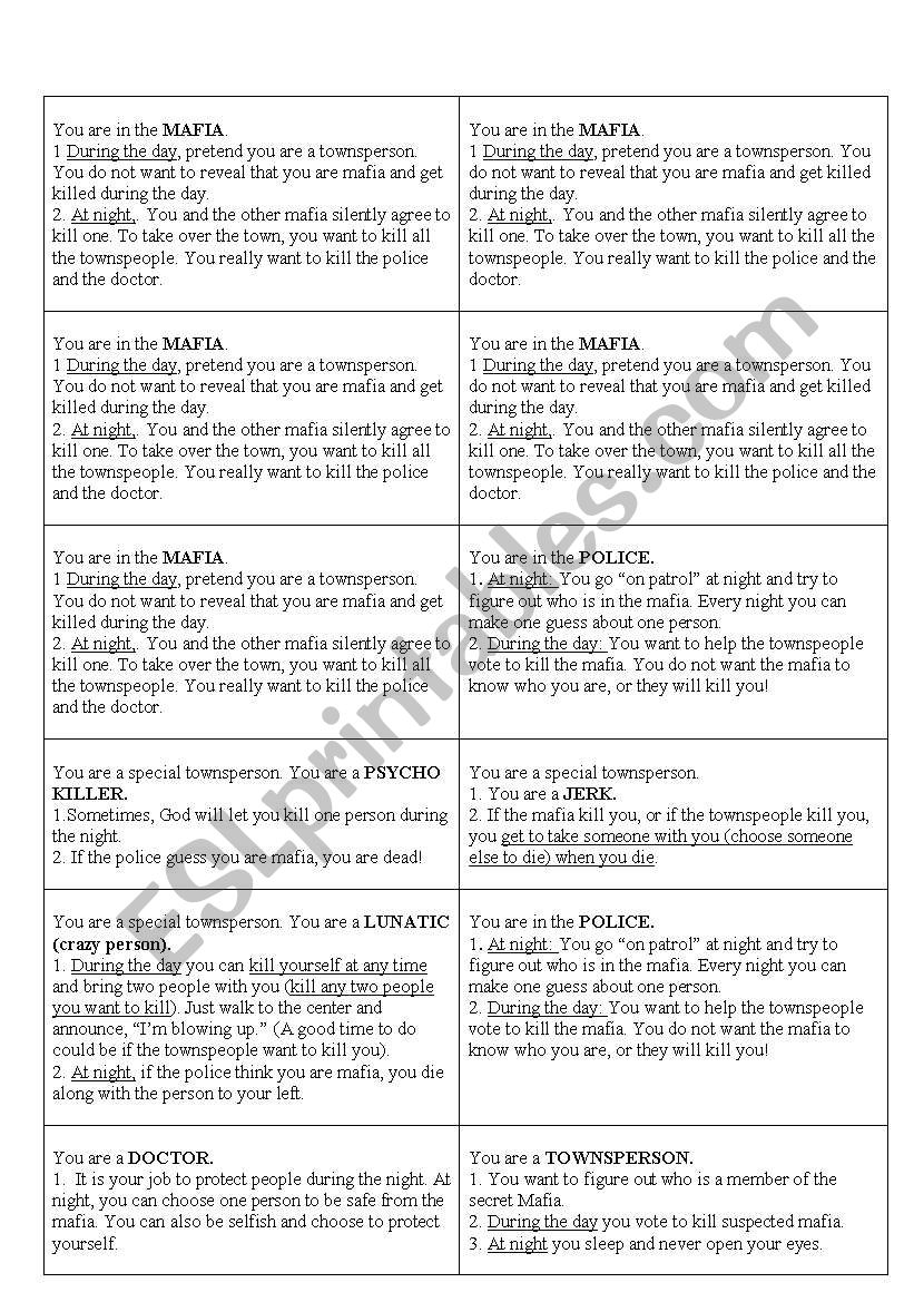 Mafia worksheet