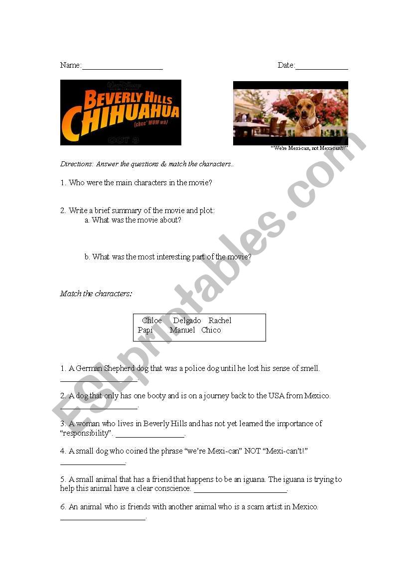 Beverly Hills Chihuahua worksheet