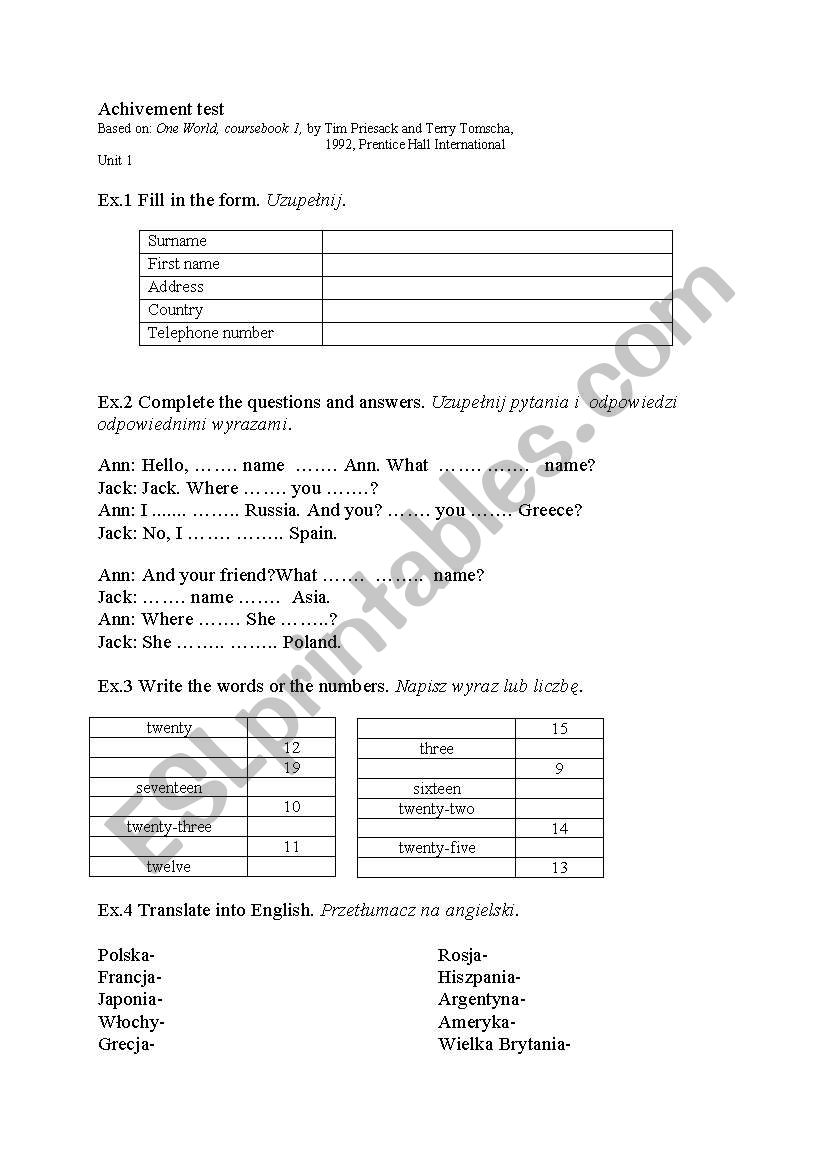 Achivement test based on: One World, coursebook 1, Unit 1
