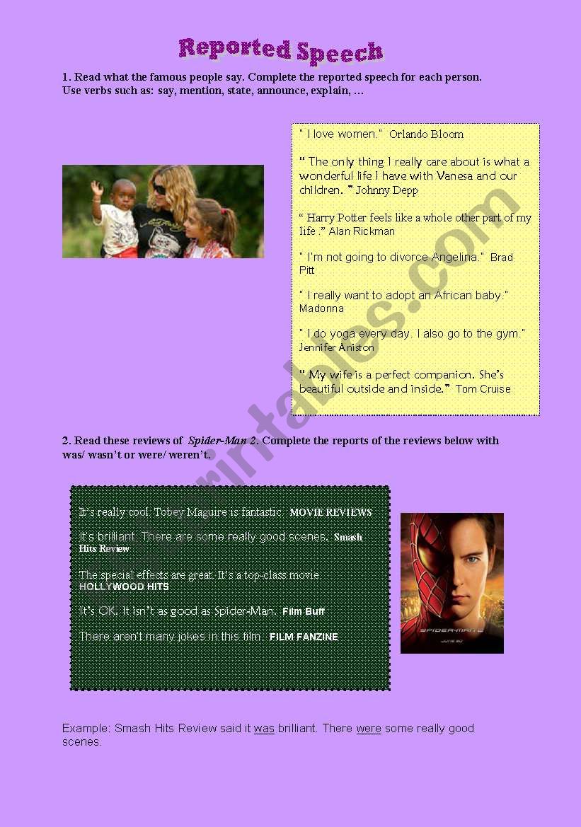 Reported speech: celebrities worksheet