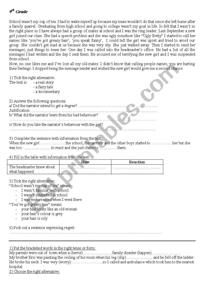 reading and language test  worksheet