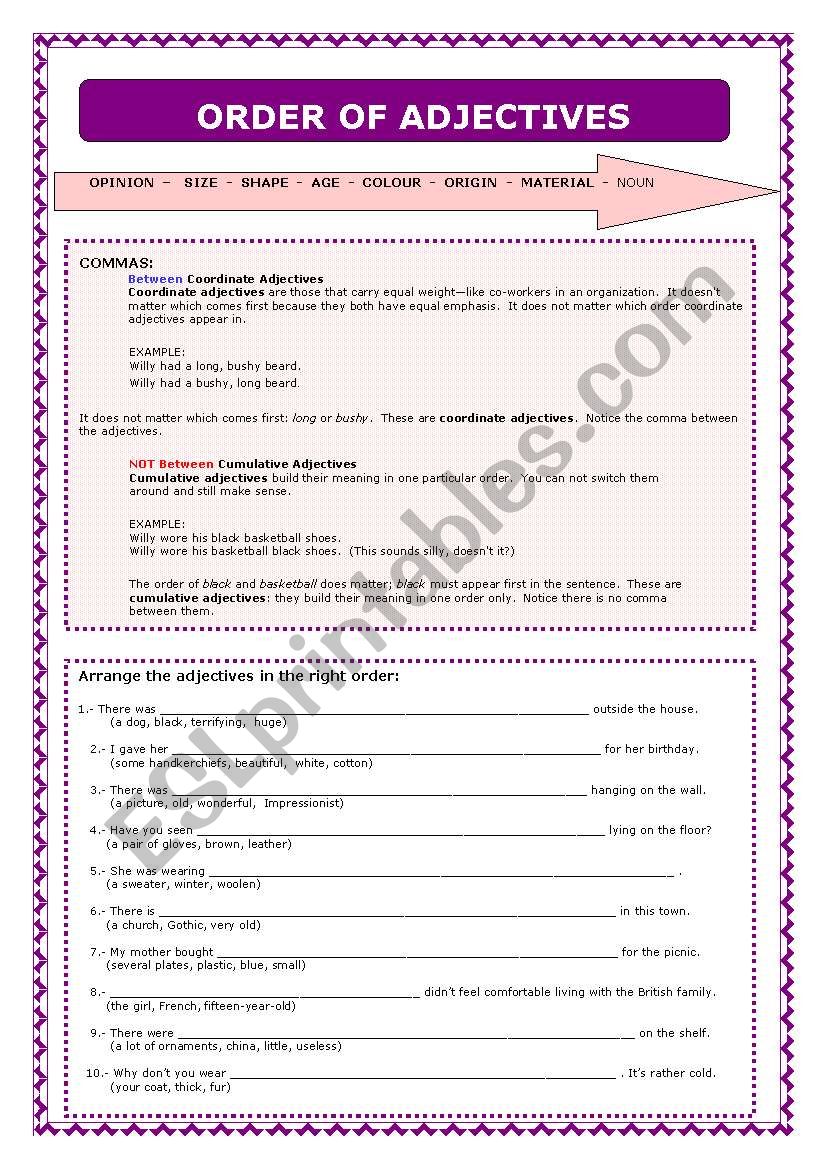 Order of Adjectives worksheet