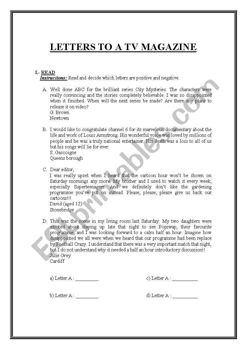 letters to a tv magazine worksheet