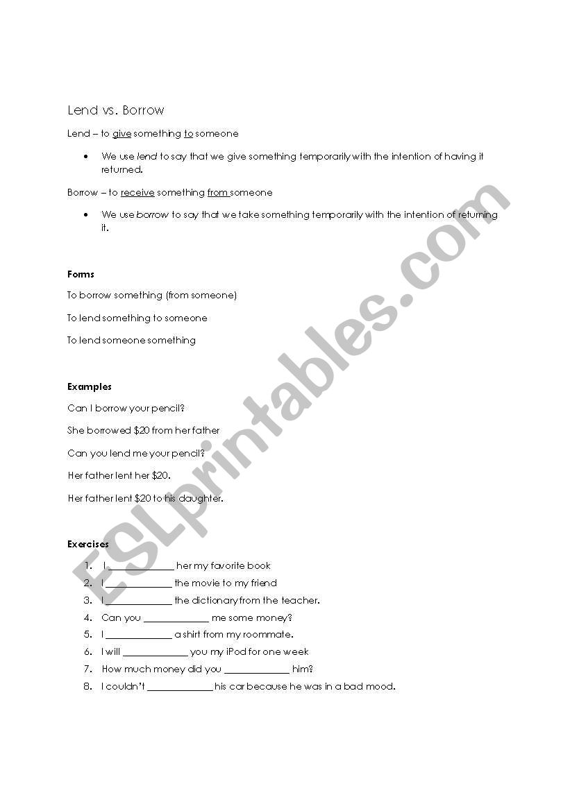 Lend vs. Borrow worksheet