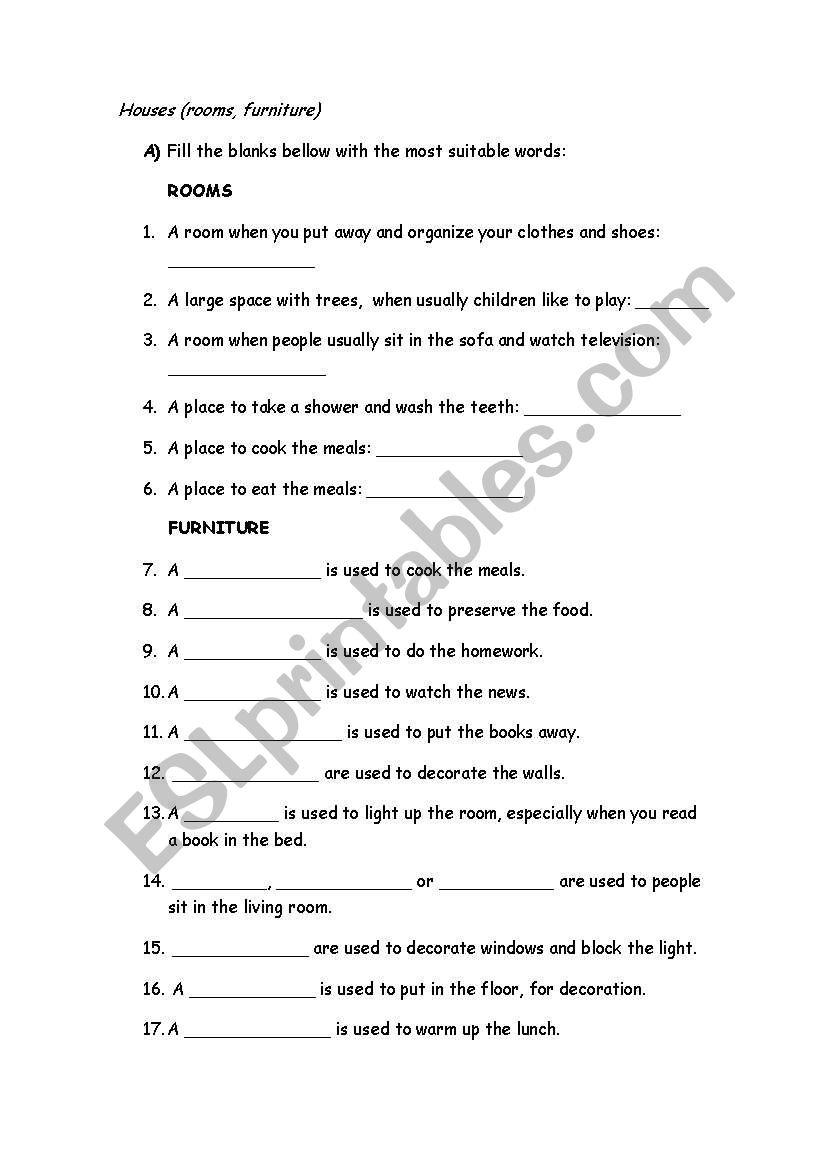 Rooms and furniture worksheet