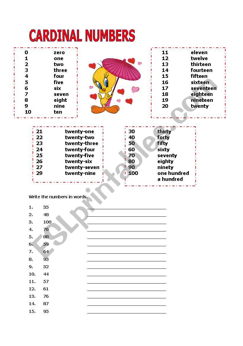 CARDINAL NUMBERS 1- 100 worksheet