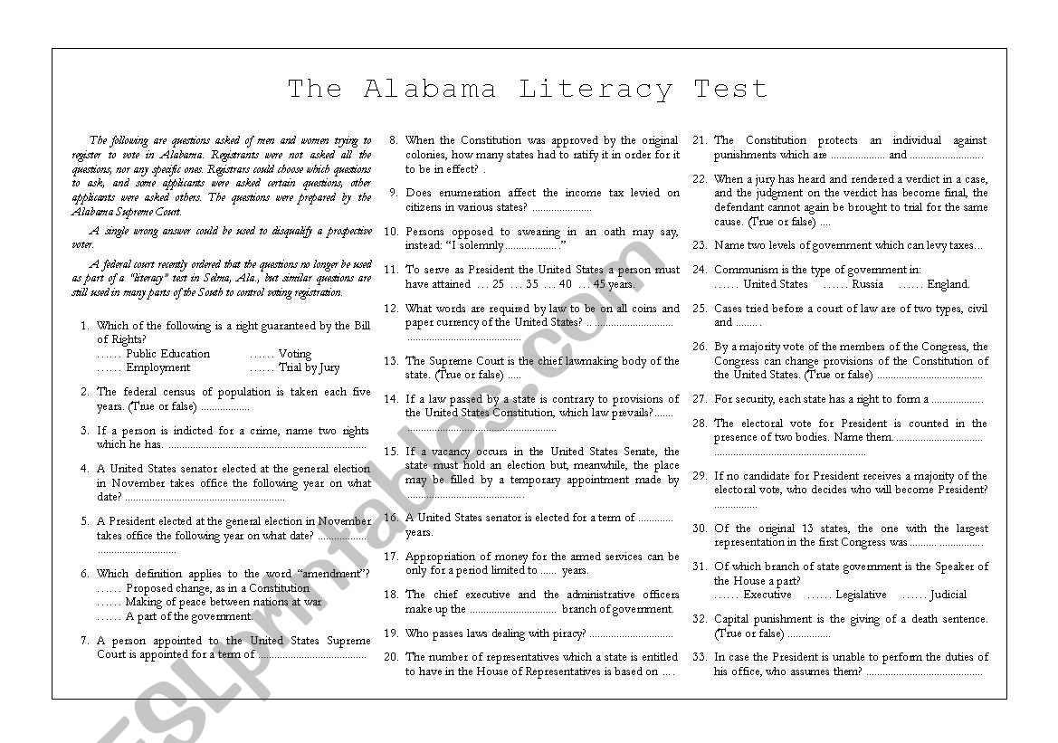 Alabama Literacy Test worksheet