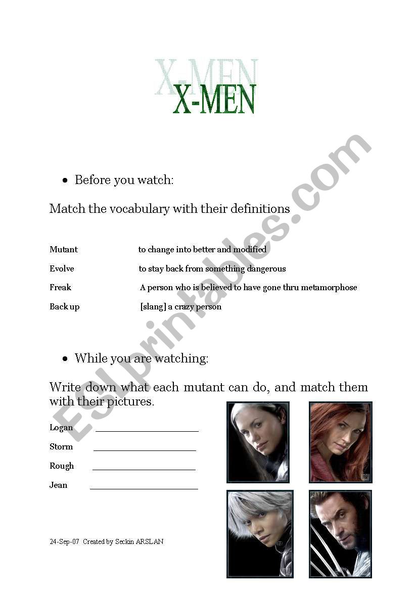 X-MEN worksheet