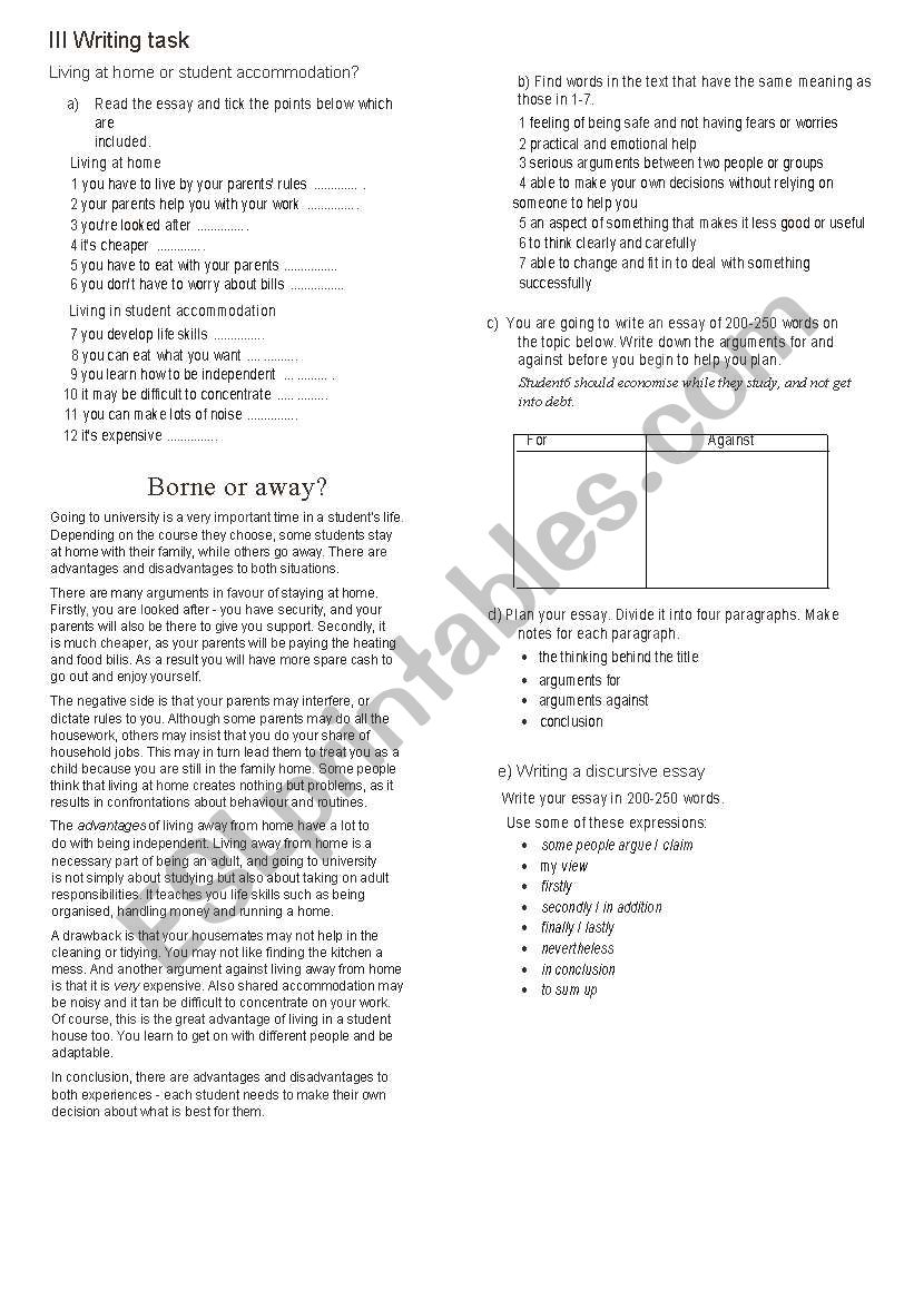 Writing task  worksheet