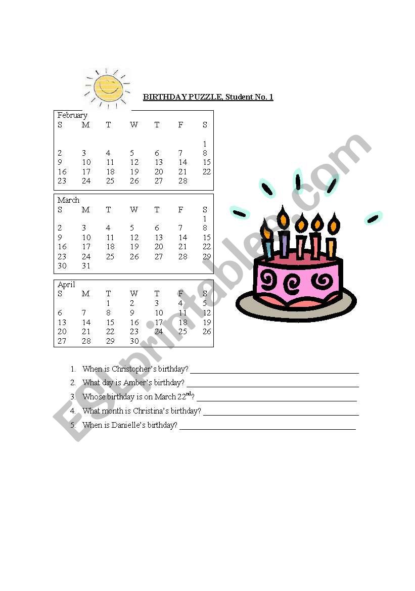 BIRTHDAY PUZZLE, PART 1 worksheet