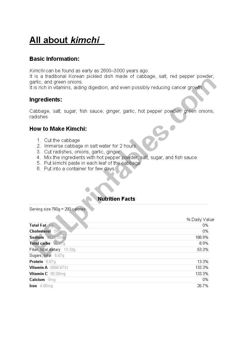 Kimchi facts worksheet