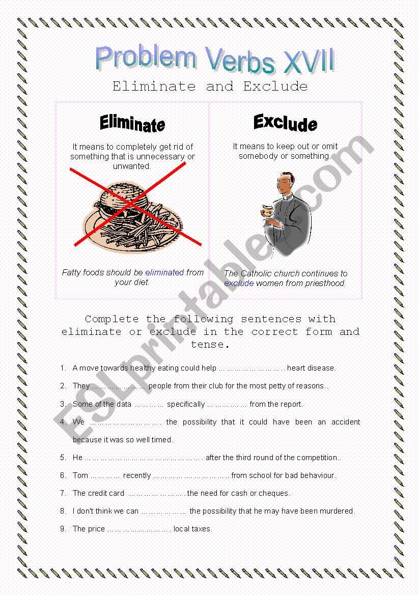 Problem Verbs XVII - Eliminate and Exclude - Theory and Practice - with key