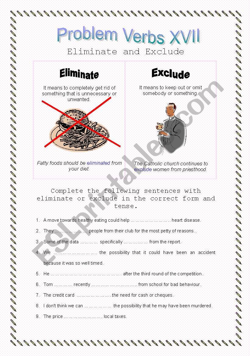 Problem Verbs XVII Eliminate And Exclude Theory And Practice With Key ESL Worksheet By
