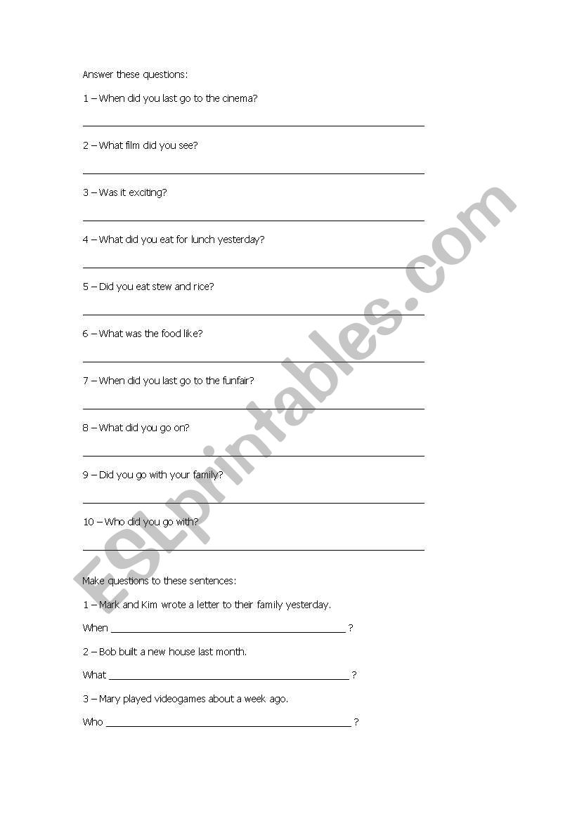 Simple past revision worksheet