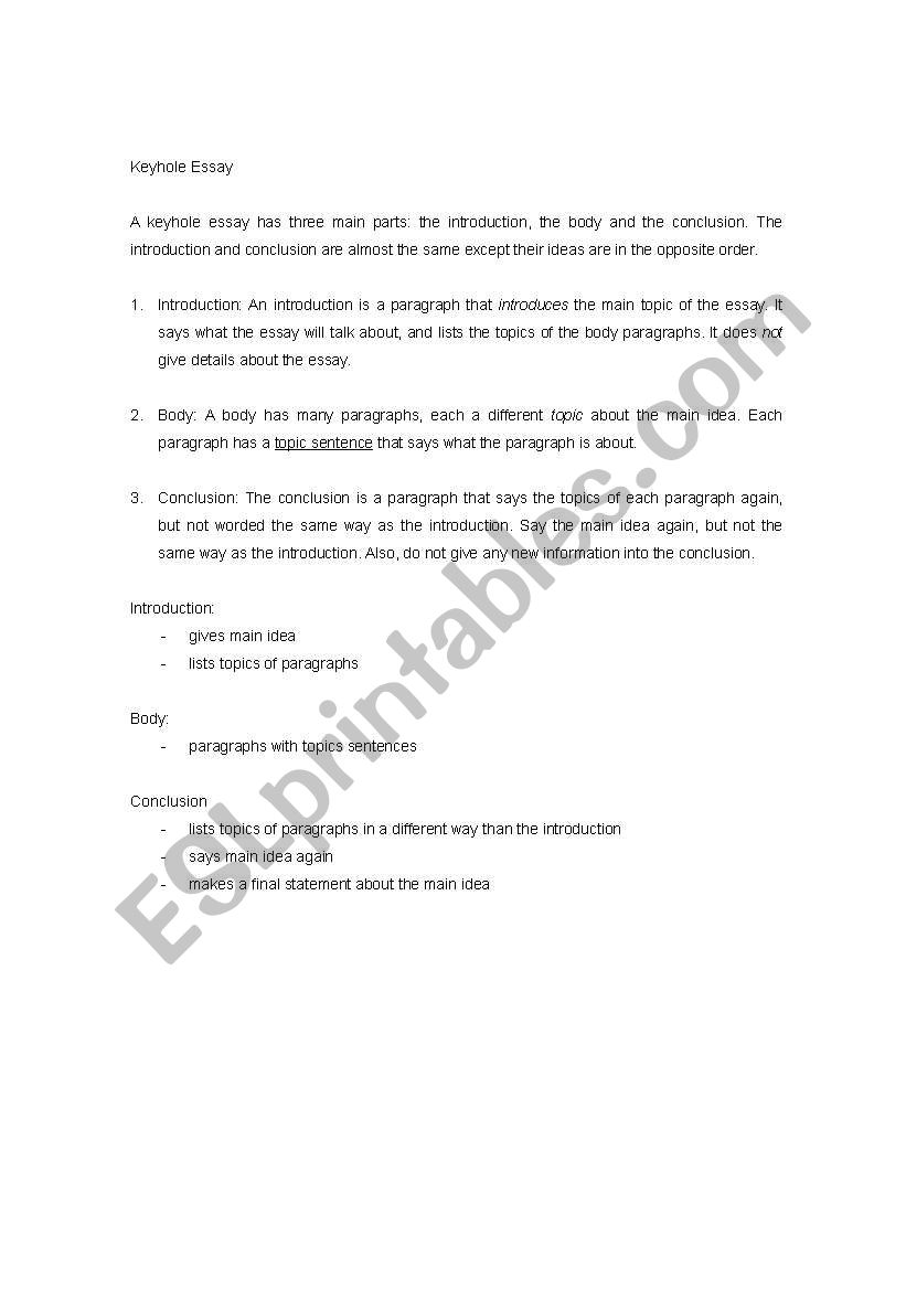 Key Hole Essay worksheet