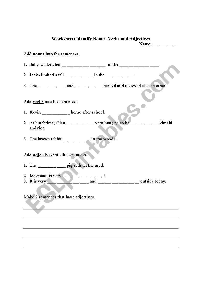Worksheet: Identify Nouns, Verbs and Adjectives