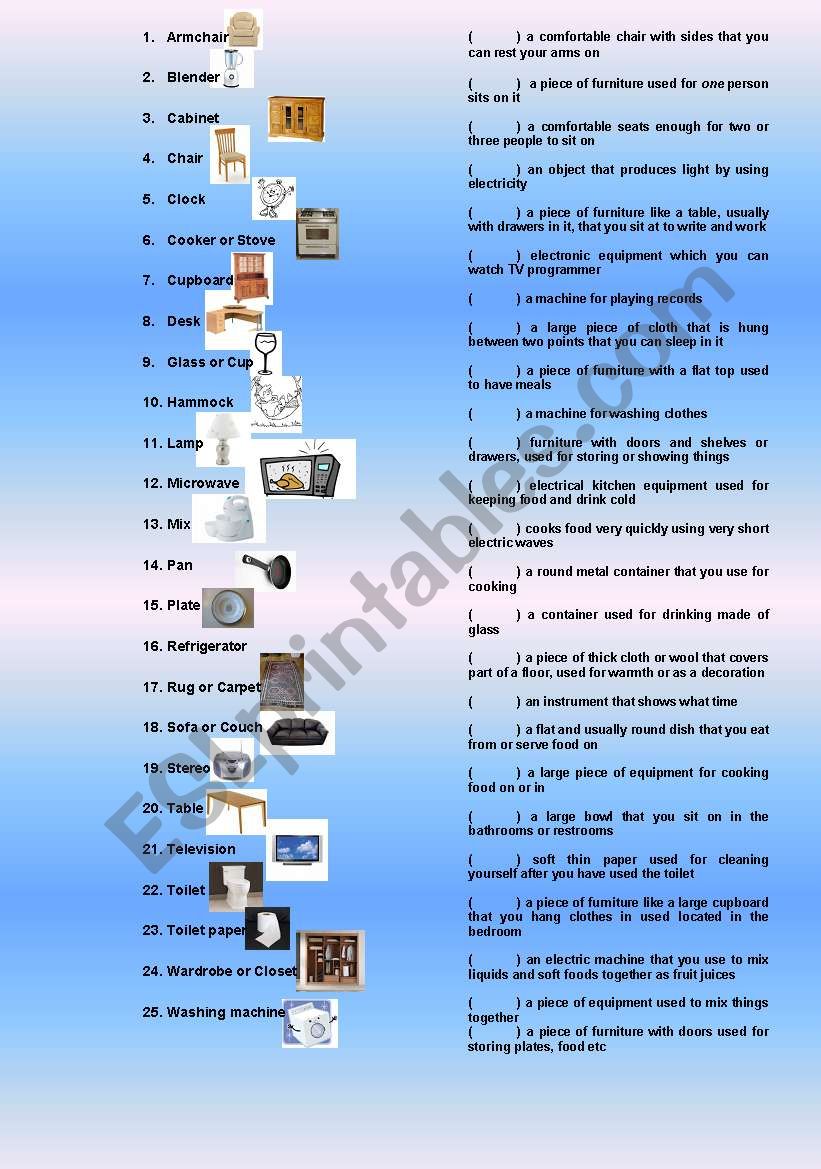 Furniture Definitions worksheet