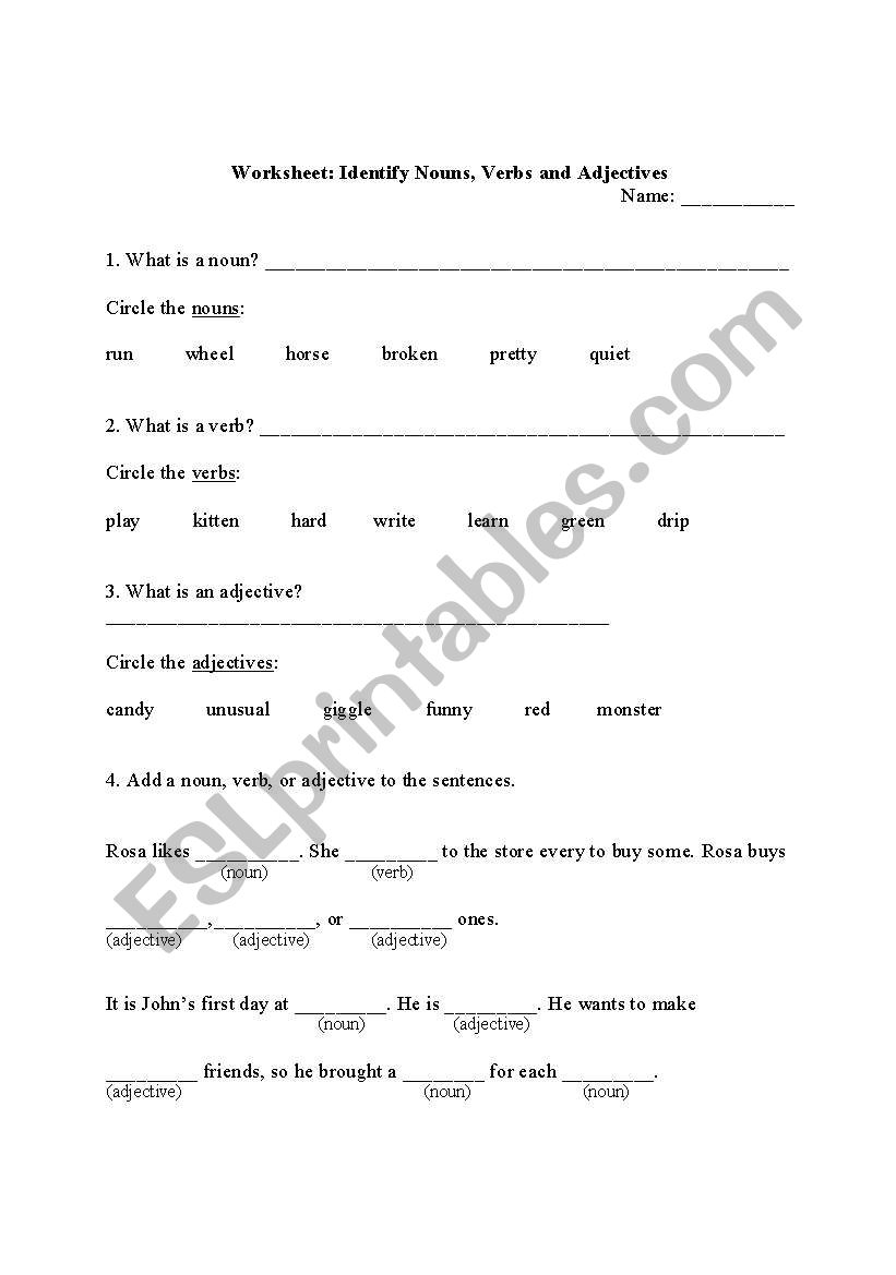 Worksheet: Identify Nouns, Verbs and Adjectives