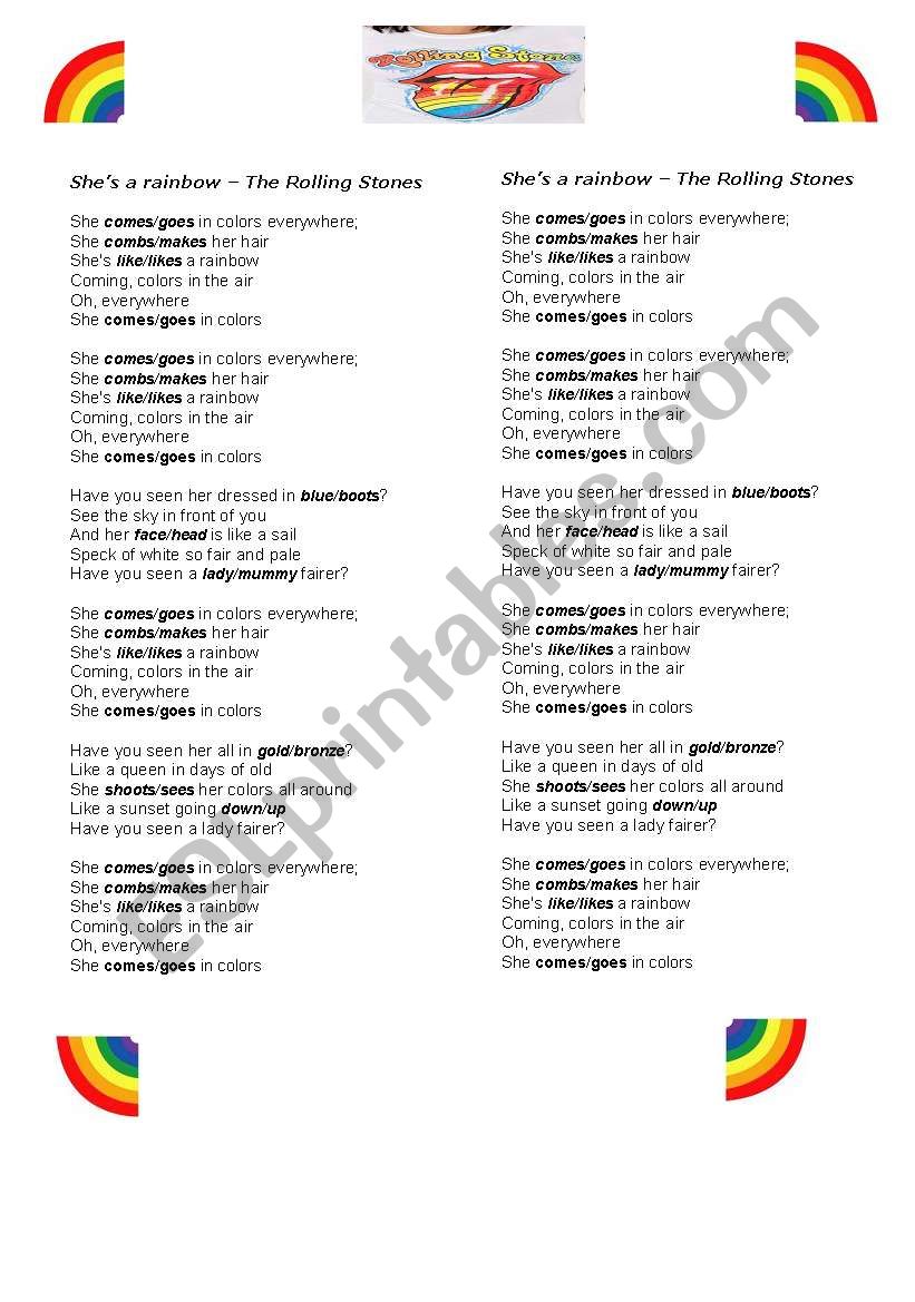 Shes a rainbow worksheet