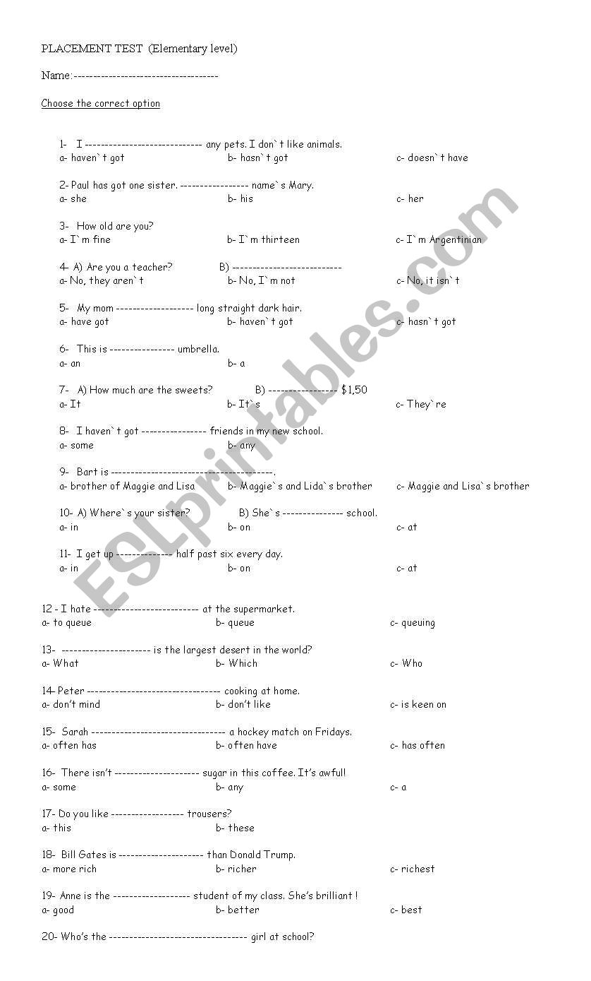 Placement Test  worksheet