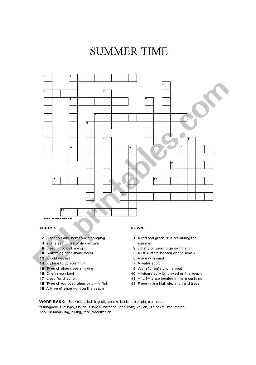 Summer Time Crossword puzzle worksheet