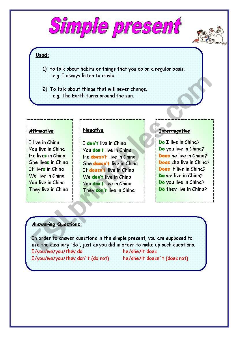 Simple Present Tense - Grammar, song and activities