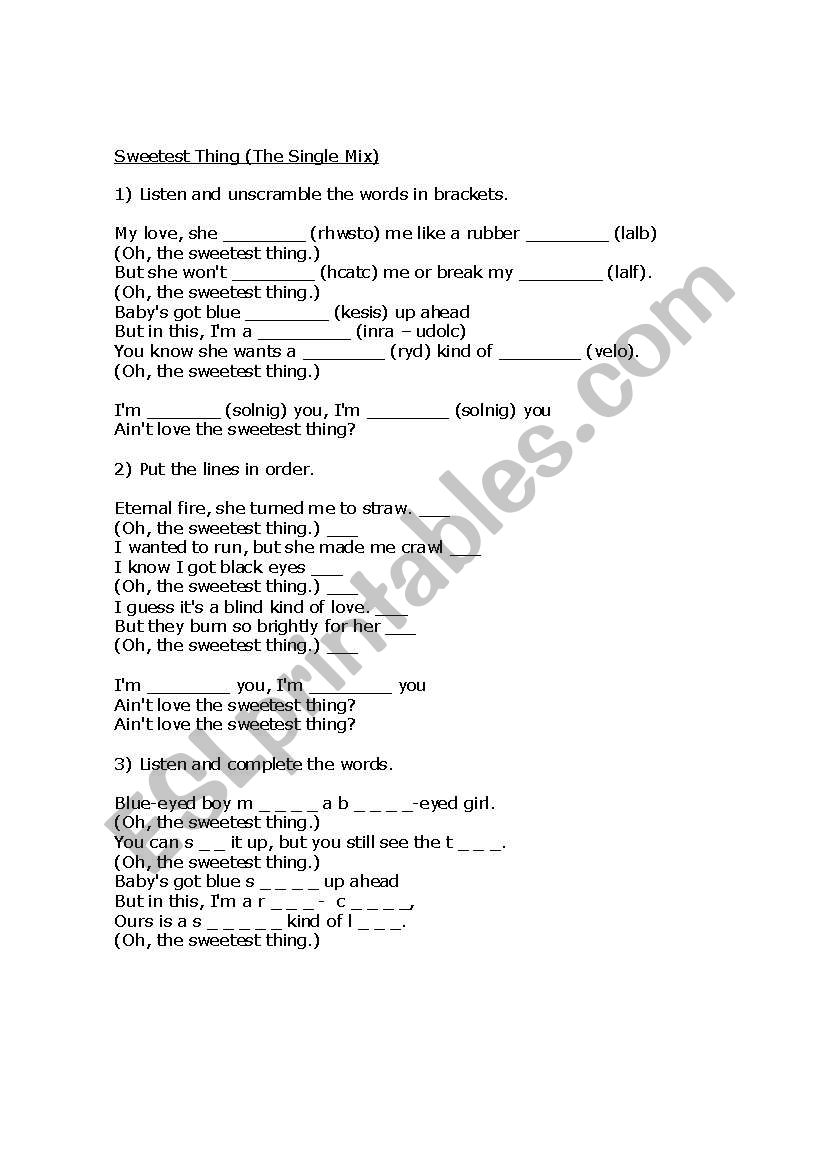 Sweetest Thing U2 worksheet