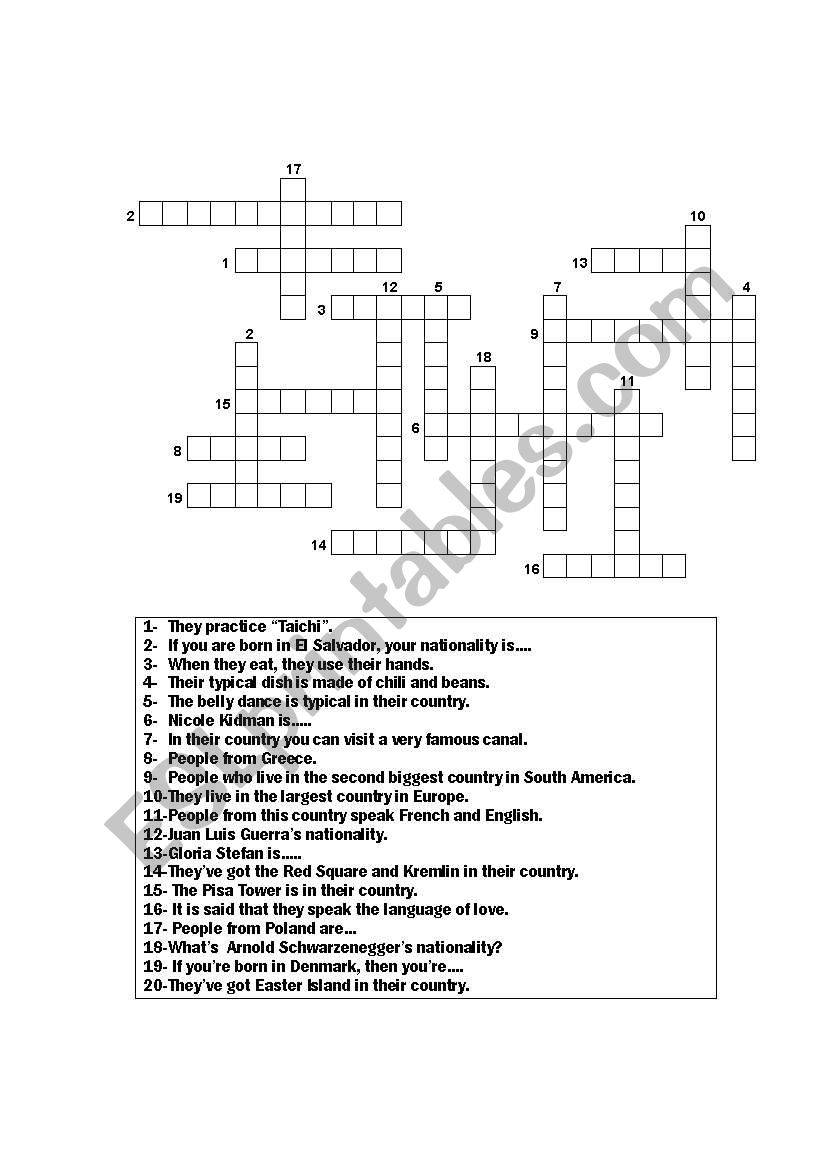 Nationalities Crossword worksheet