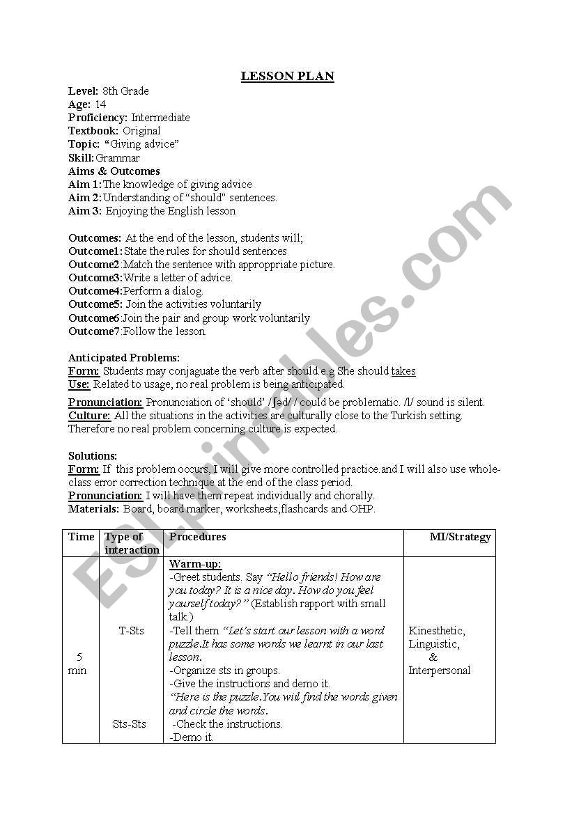 should modal lesson plan worksheet