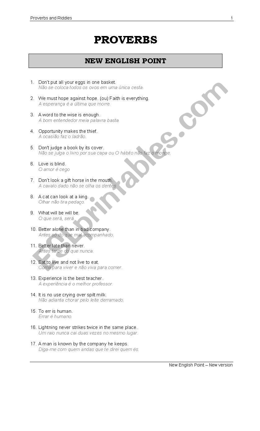 Proverbs and  Ridders worksheet