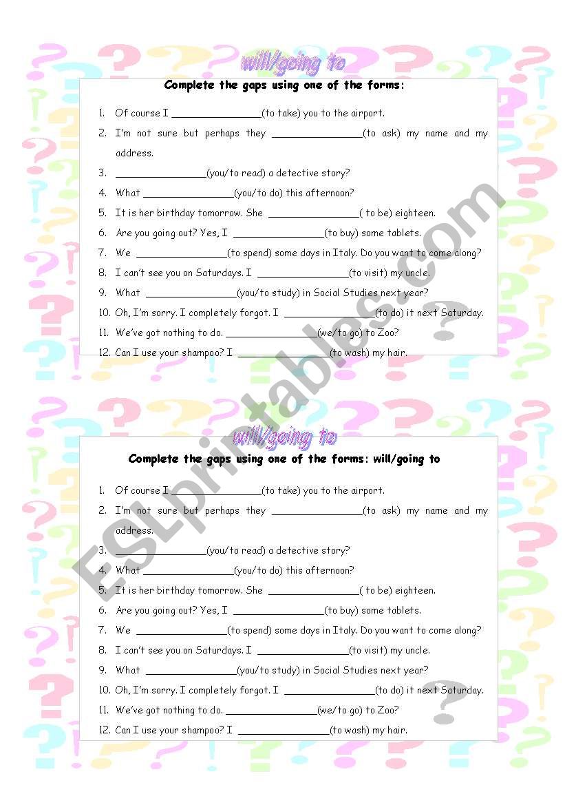 Will and Going to worksheet