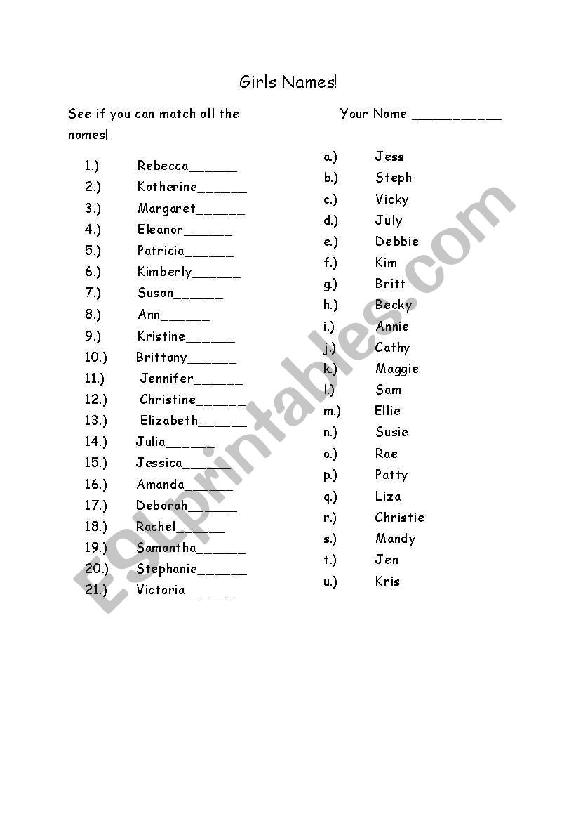 Common Girls Nicknames worksheet